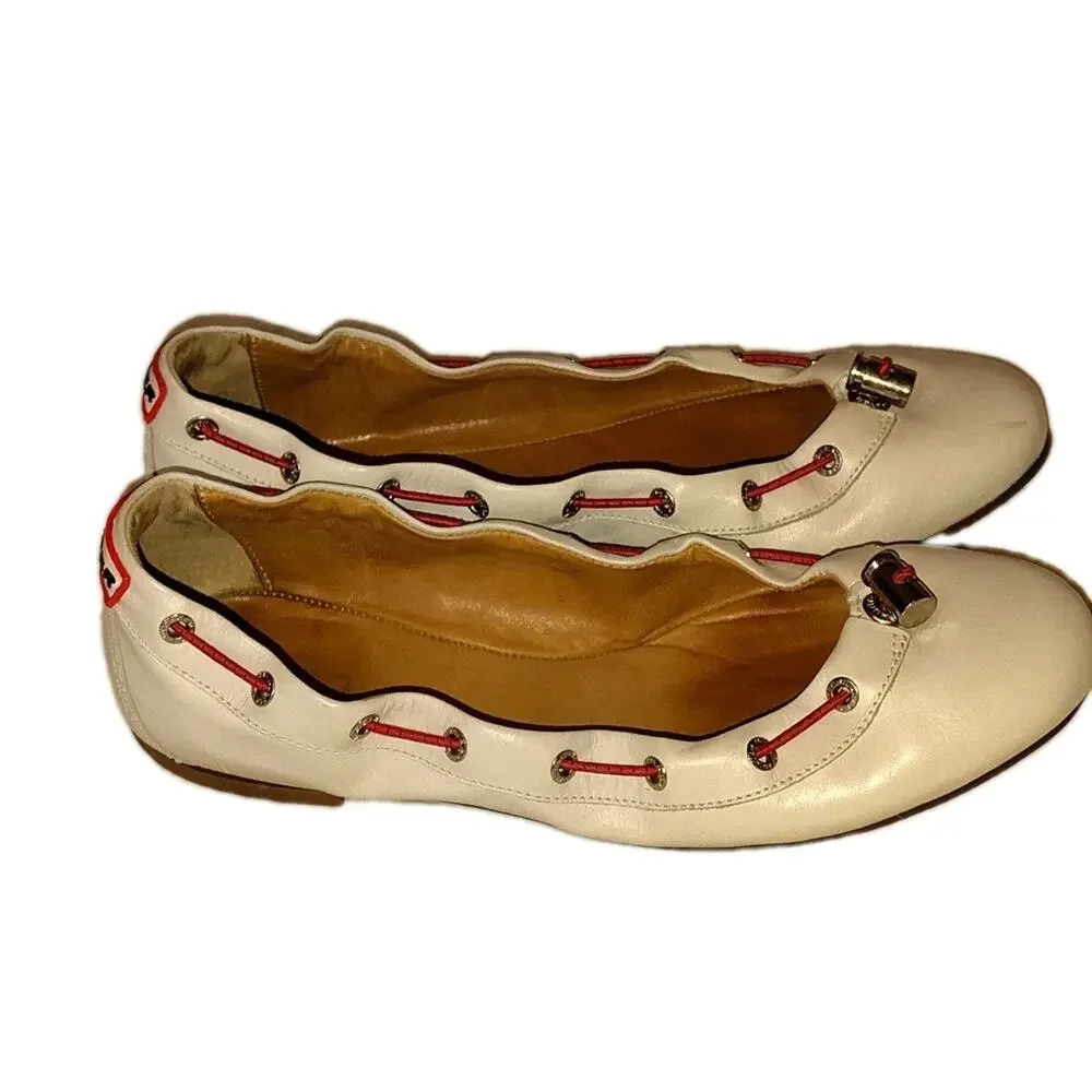 Hunter Leather Cinch Ballet Flats White Red Accent Size 8